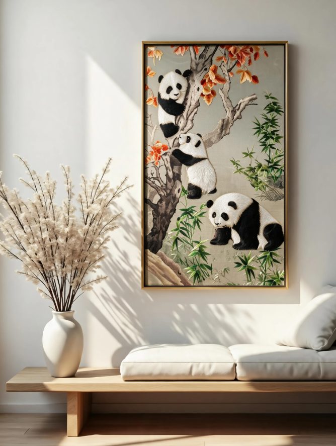Shu‑Brocade Three Pandas in Autumn Grove · Vertical Silk Scroll