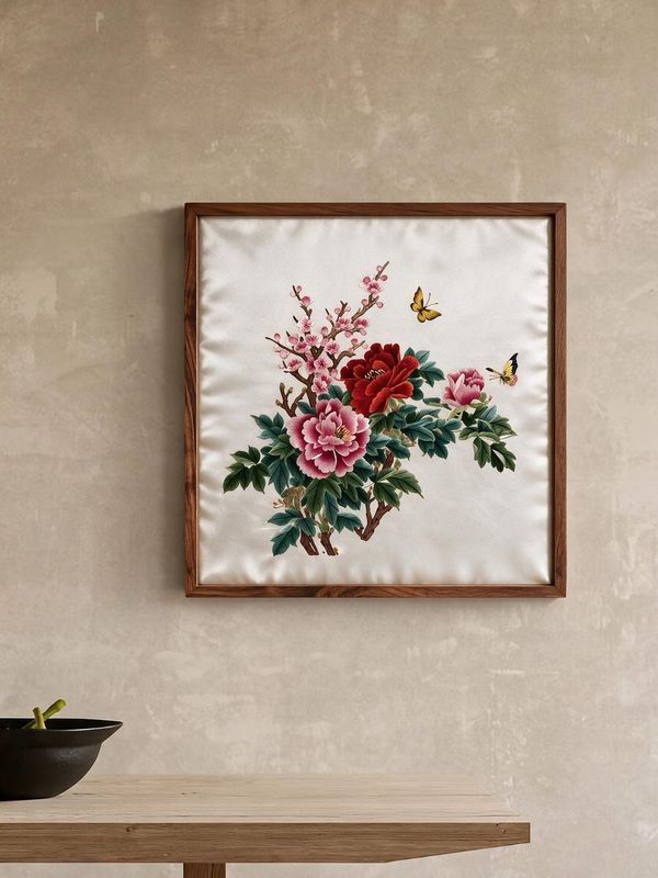 Shu‑Brocade Butterflies among Peonies and Plum Blossoms · Square Framed Silk Art