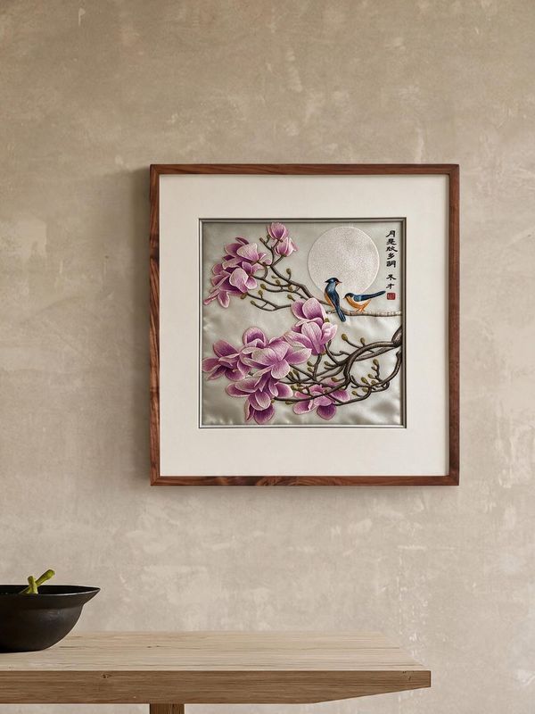 Shu‑Brocade Magnolia Birds Beneath Moonlight · Square Framed Silk Art